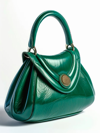 Green retro leather female handbag on white background.の写真素材
