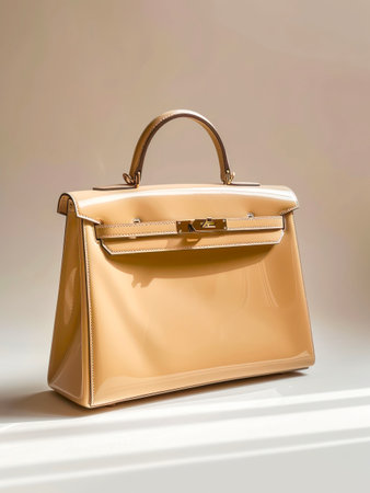 Beige leather female handbag on cream background.の写真素材