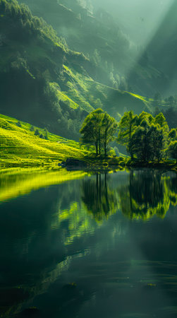 Green mountains and forest reflected in the lake, calm beautiful landscape.