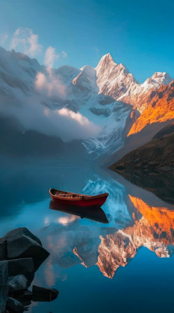 Beautiful landscape with blue sky and mountains reflected in the lake and lonely boat on the water.の写真素材
