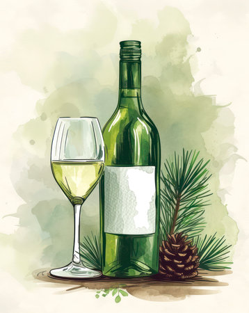 Bottle and glass of white wine, watercolor illustration.の写真素材