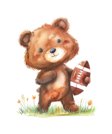 Baby bear playing American football isolated on white background, watercolor illustration.の写真素材