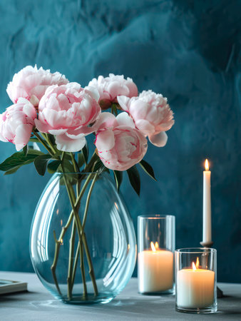 Still life composition of bouquet of peonies in a glass vase and burning candles.の写真素材