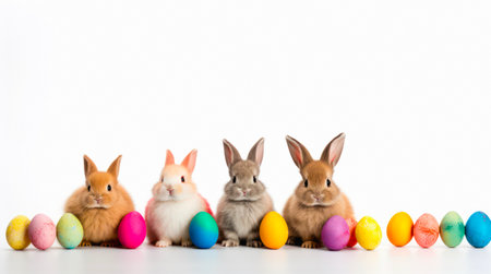 Four cute bunnies and colored Easter eggs on white background with copy space.の写真素材