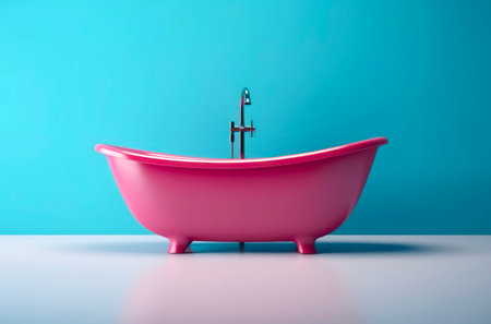 Pink bath against a blue wall in the bathroom.の写真素材
