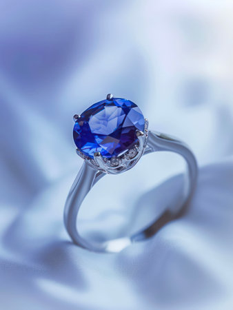 Silver ring with blue sapphire gemstone on the backdrop of white silk.の写真素材