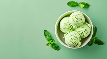 Bowl of mint ice cream scoops on pastel green background, top view. Minimal flat lay style, copy space.の写真素材