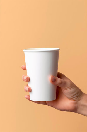 Female hand holding a coffee paper cup on yellow background, mockup design.の写真素材