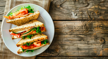 Plate of sandwiches with tomato, lettuce and cheese on a wooden table, top view.の写真素材