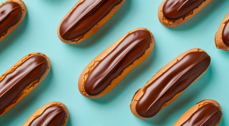 Pattern with chocolate eclairs on light blue background, top view, minimal flat lay style.