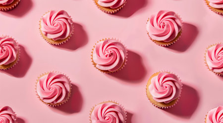 Pattern with strawberry cupcakes on pastel pink background, top view. Muffins with pink frosting, minimal flat lay style.の写真素材