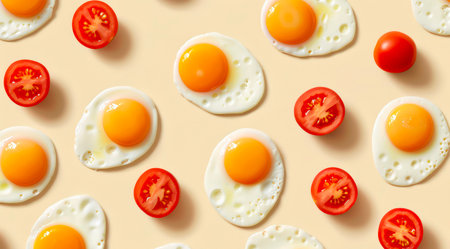 Pattern with fried eggs and fresh tomatoes on light yellow background, top view, minimal flat lay style.の写真素材