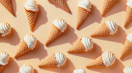 Pattern with white vanilla ice cream in waffle cones on yellow background, top view, minimal flat lay style.の写真素材