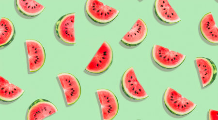 Pattern with watermelon slices on pastel green background, top view, minimal flat lay style.の写真素材