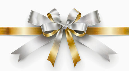 Silver and golden ribbon and bow isolated on a white background.の写真素材