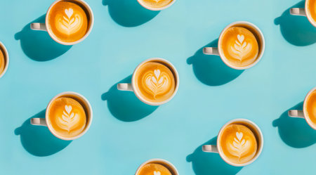 Pattern with white cups of cappuccino on pastel blue background, top view. Cups of coffee with milk, heart shaped latte art, minimal flat lay style.の写真素材