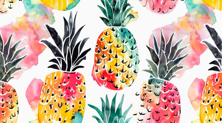 Set of pineapples on white background, colorful watercolor pattern design.の写真素材