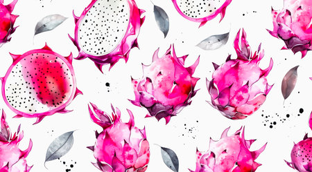 Set of dragons fruits on white background, watercolor pattern design.の写真素材