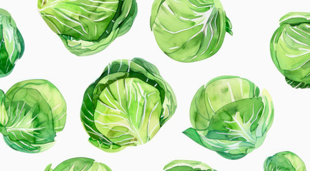 Set of heads of green cabbage isolated on white background, watercolor pattern design.の写真素材