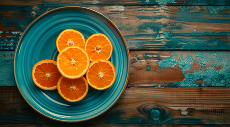 Plate with slices of orange on a wooden table, top view.