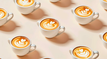 Pattern with white cups of cappuccino on light cream background. Cups of coffee with milk, heart shaped latte art, minimal flat lay style.の写真素材