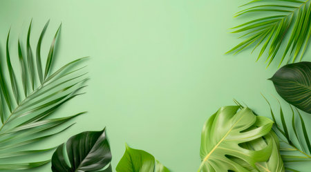 Tropical leaves on pastel green background with copy space.