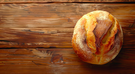 Loaf of homemade round bread on a wooden table, top view.