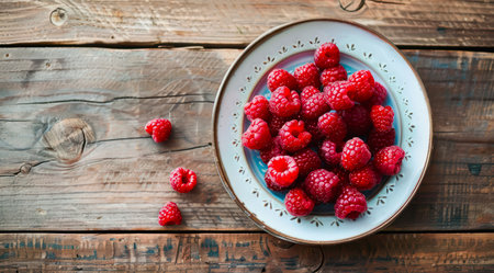 Plate of fresh raspberries on a wooden table, top view.の写真素材