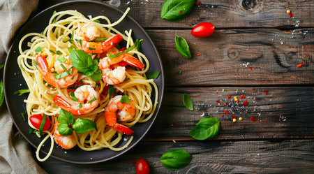 Plate of pasta with shrimps on a wooden table, top view.の写真素材