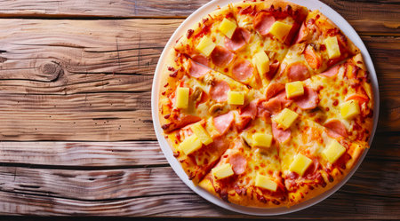 Plate of Hawaiian pizza on a wooden table, top view.の写真素材