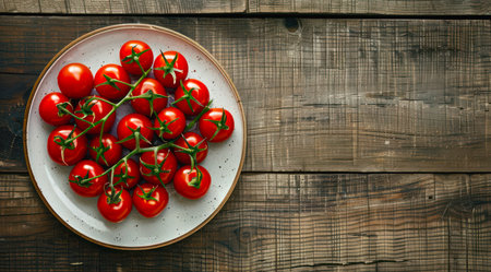 Plate of fresh red tomatoes on a wooden table, top view.の写真素材