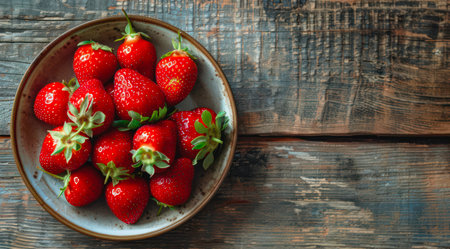 Plate of fresh strawberries on a wooden table, top view.の写真素材