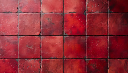 Red ceramic square tile texture background. Retro design with rough weathered red tiled wall.