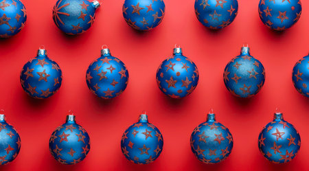 Pattern with blue Christmas decorations on red background, top view, minimal flat lay style.の写真素材