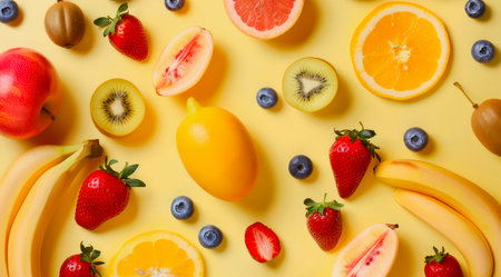 Pattern with fresh fruits and berries on yellow background, top view, minimal flat lay style.