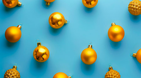 Pattern with golden Christmas decorations on light blue background, top view, minimal flat lay style.の写真素材
