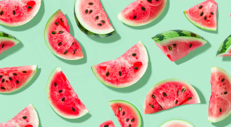 Pattern with slices of watermelon on light green background, top view, minimal flat lay style.