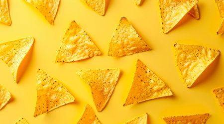 Pattern with cheese tortilla chips on yellow background, top view, minimal flat lay style.の写真素材