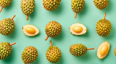 Pattern composition with durians on green background, top view, minimal flat lay style.