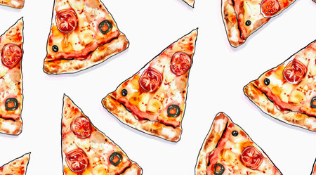 Slices of Pepperoni pizza isolated on white background, watercolor pattern design.の写真素材