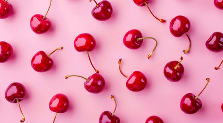 Pattern with fresh cherries on pastel pink background, top view, minimal flat lay style.