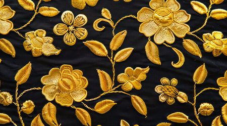 Yellow floral embroidery pattern on black fabric. Golden flowers embroidered on black cloth.の写真素材