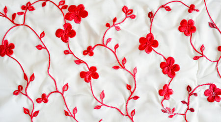Red floral embroidery pattern on white fabric. Red flowers embroidered on white cloth.の写真素材