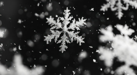 Falling snowflakes on black background. Christmas abstract snowy background.の写真素材