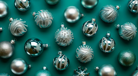 Pattern with silver Christmas decorations on green background, top view, minimal flat lay style.