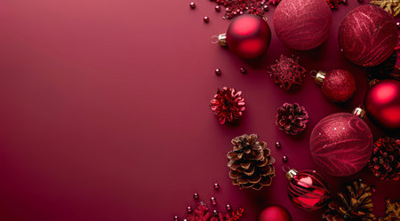 Christmas banner with festive decorations and pine cones on red background with copy space for text, top view.の写真素材