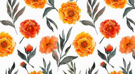 Watercolor delicate orange marigold flowers on white background, elegant floral pattern design.