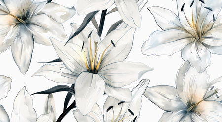 Watercolor delicate white lilies on white background, elegant floral pattern design.の写真素材