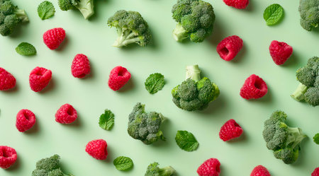 Creative pattern design with fresh broccoli and raspberries on pastel green background, top view, minimal flat lay style.の写真素材