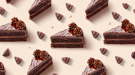 Pattern with pieces of chocolate cake on white background, top view, minimal flat lay style.